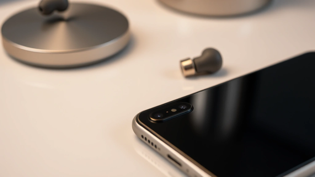 Close-up of smartphone and wireless earbuds on minimalist desk with neutral background, premium materials visible