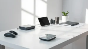 Sleek modern gadget on minimalist white desk with soft natural lighting, showing device from angled three-quarter view, premium materials visible
