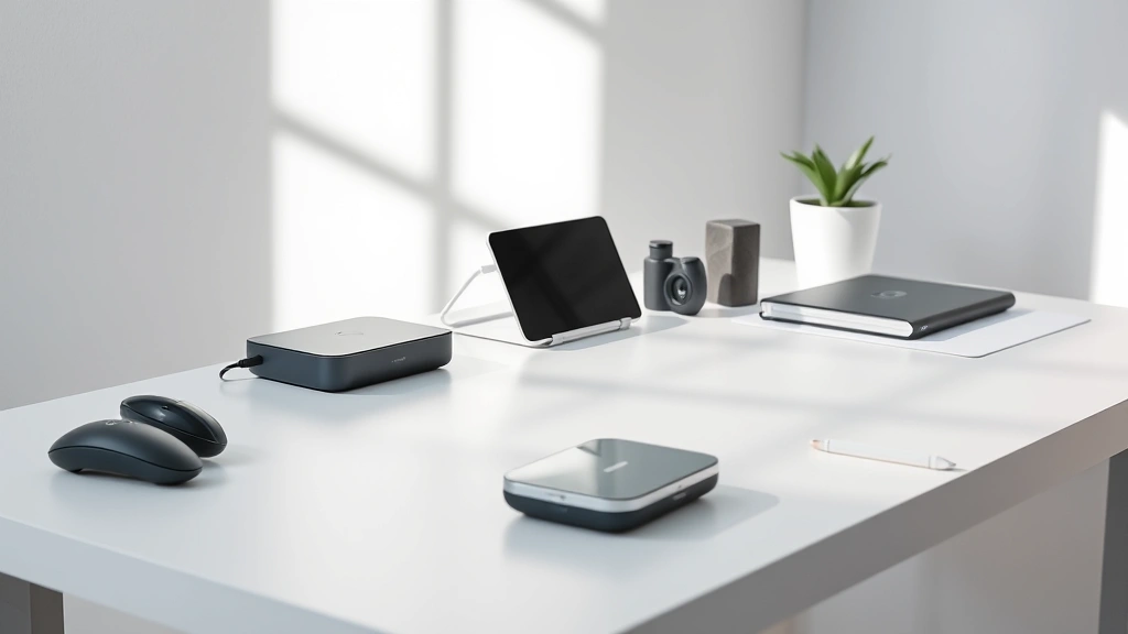 Sleek modern gadget on minimalist white desk with soft natural lighting, showing device from angled three-quarter view, premium materials visible