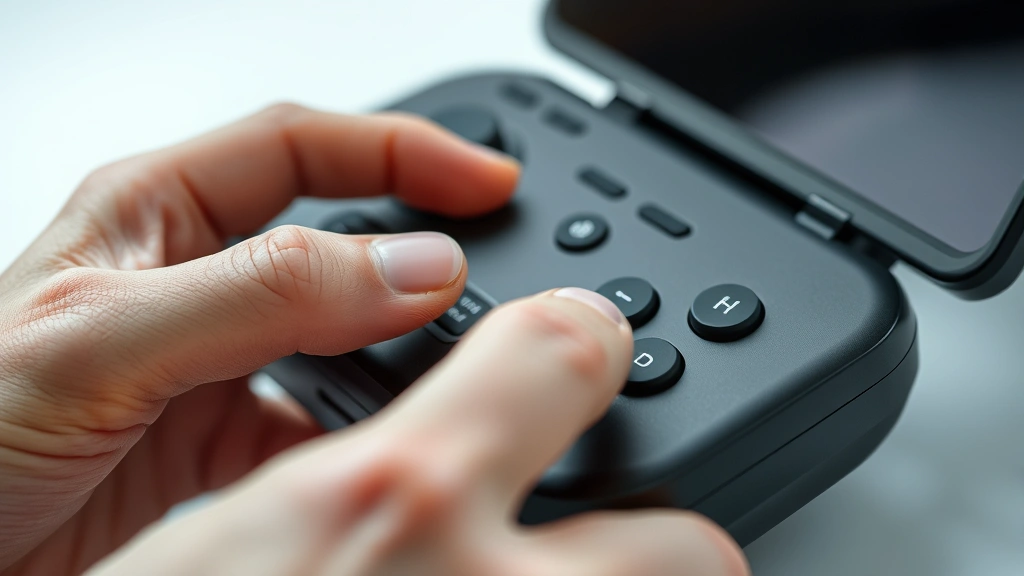 Close-up detail shot of gadget's interface and button placement, hands interacting with device, showing intuitive control layout and craftsmanship