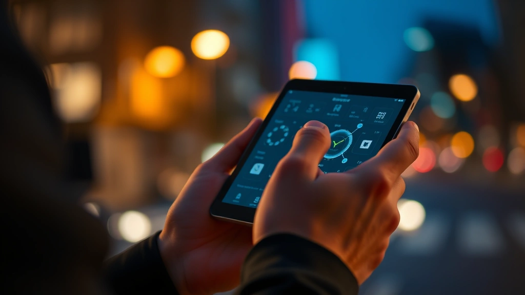 Gadget in active use scenario with warm ambient lighting, showing natural handling position and screen visibility