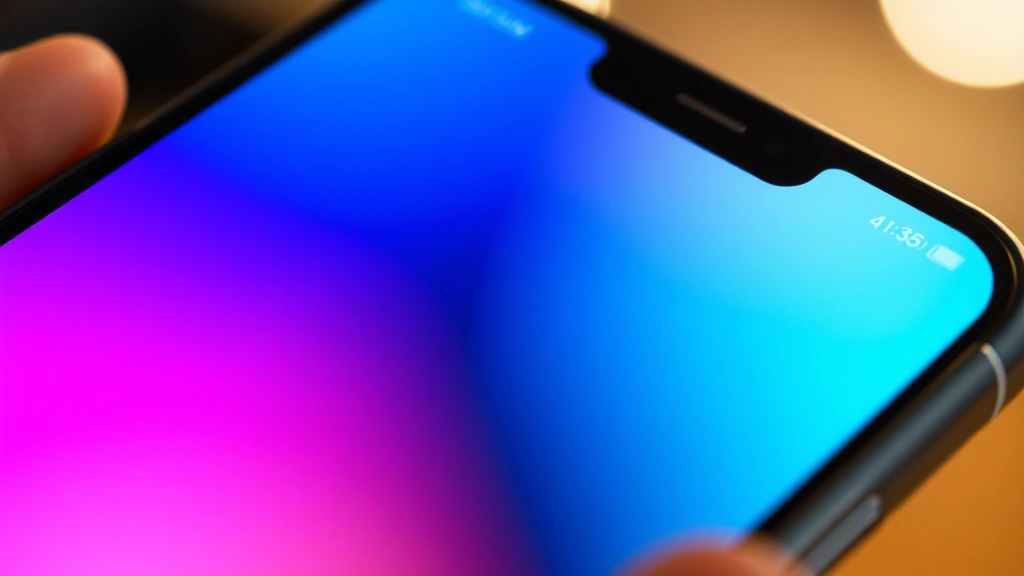 Close-up of smartphone display showing vibrant colors and sharp details, held at an angle with ambient light reflection