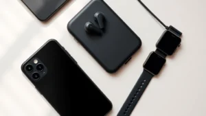 Flat lay of modern tech gadgets including smartphone, wireless earbuds, smartwatch, and portable charger on a minimalist desk with soft natural lighting and neutral background