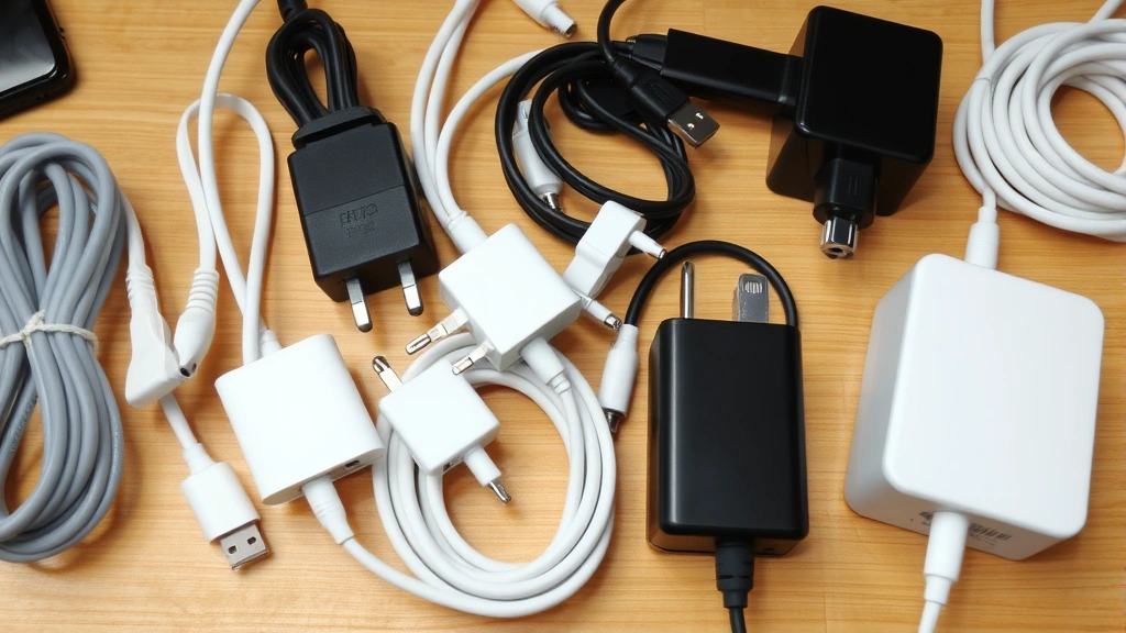 Various charging cables and adapters arranged neatly on a desk with different connector types visible