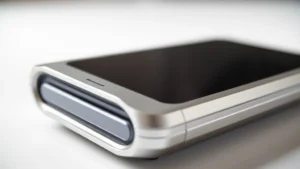 Close-up of sleek aluminum and reinforced plastic gadget with tight seams, premium finish, sitting on white surface with soft studio lighting, shallow depth of field