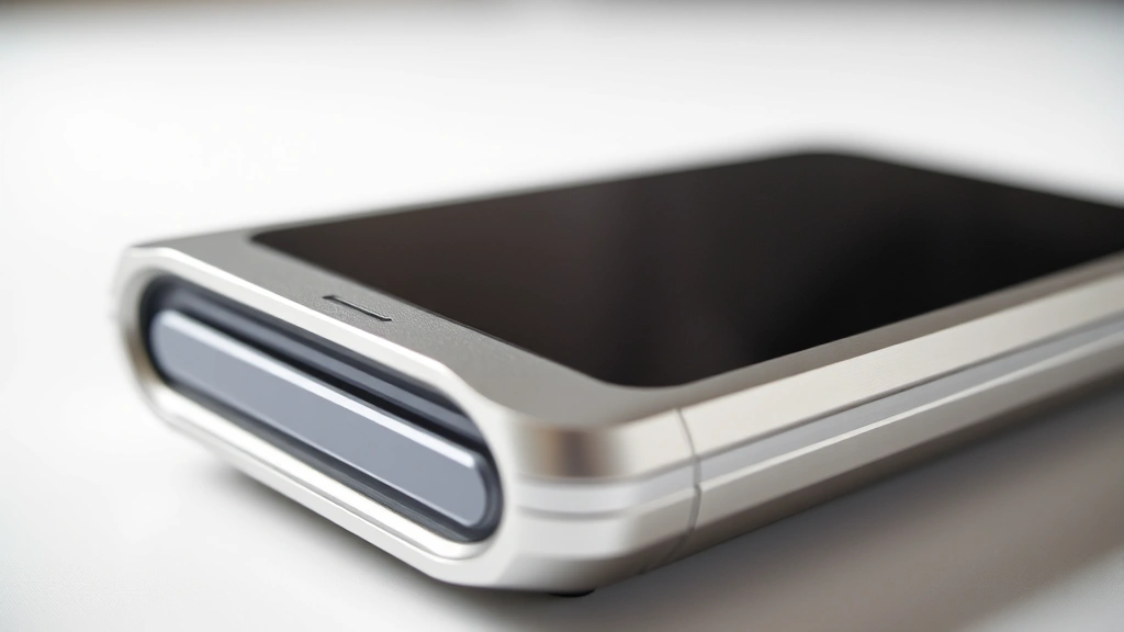 Close-up of sleek aluminum and reinforced plastic gadget with tight seams, premium finish, sitting on white surface with soft studio lighting, shallow depth of field