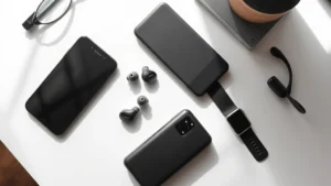 Flat lay of modern tech gadgets including smartphone, wireless earbuds, smartwatch, and portable charger on minimalist desk surface with soft natural lighting