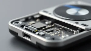 Close-up of sleek aluminum and polymer gadget chassis showing refined build quality, professional product photography with neutral background, shallow depth of field highlighting premium materials and tight seams