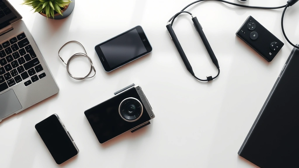 Flat-lay tech workspace featuring the gadget in use alongside complementary devices, natural daylight, minimalist desk setup showing everyday usability and integration with other electronics