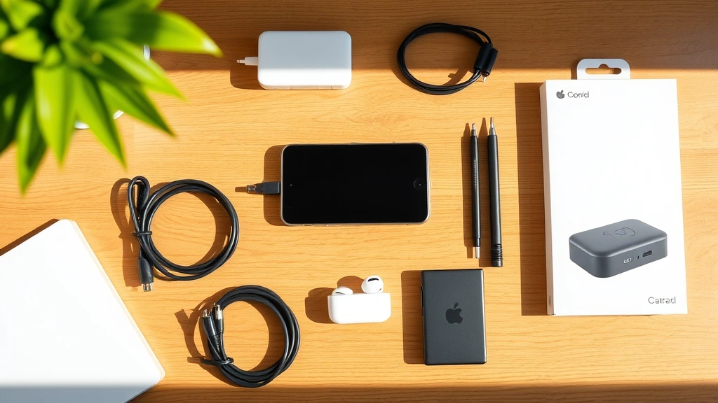 Flat lay of gadget with charging cable, earbuds, and accessories arranged neatly on wooden desk, natural daylight, showing complete package contents and professional presentation