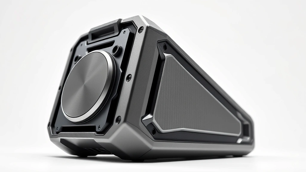 Premium tech gadget displayed at angle showing metallic finish and industrial design details, studio lighting, white background, professional photography