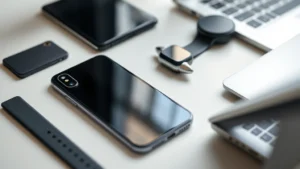 Close-up of various modern tech gadgets arranged on a minimalist desk: smartphone, wireless earbuds, smartwatch, and laptop corner visible, natural lighting, professional product photography style