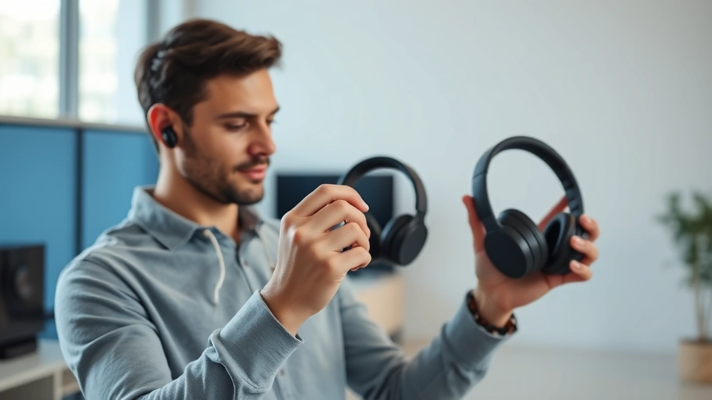 Person testing different wireless headphones in a bright, modern space, comparing comfort and fit, holding multiple earbuds and over-ear headphones, candid lifestyle shot with tech focus