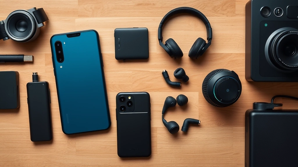 Overhead flat lay of budget tech gadgets and premium gadgets side-by-side for comparison: mid-range phone next to flagship phone, affordable earbuds next to premium headphones, showing value proposition