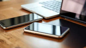 Close-up of premium smartphone and laptop sitting on wooden desk, showing metal frames and glass backs, natural lighting highlighting materials and craftsmanship details