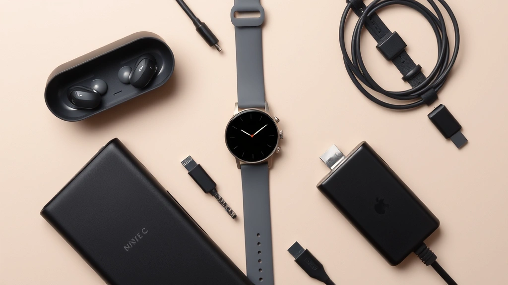 Flat lay of various tech gadgets including wireless earbuds, smartwatch, portable battery pack, and USB-C cables arranged artfully on neutral background with soft shadows