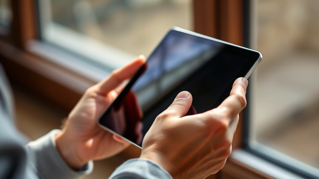 Person's hands holding and examining a tablet device, showing real-world usage perspective, natural window lighting, focused on device feel and ergonomics in daily context