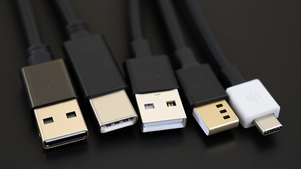 Close-up of various USB-C, Lightning, and Micro-USB cable connectors arranged side by side on a dark surface, showing connector details and differences