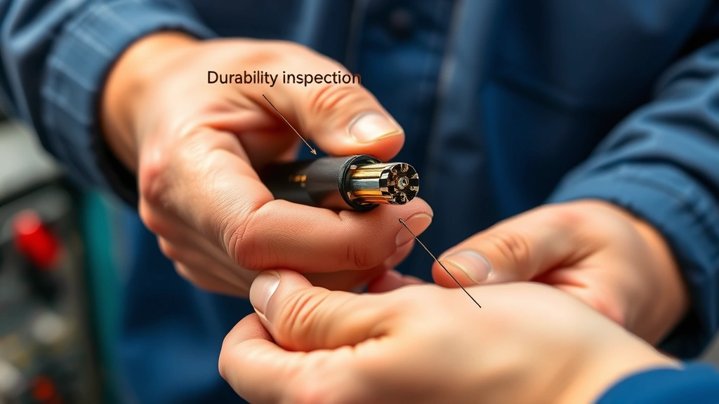 Hands-on shot of a person examining a cable's connector stress relief and sheathing material, demonstrating durability inspection