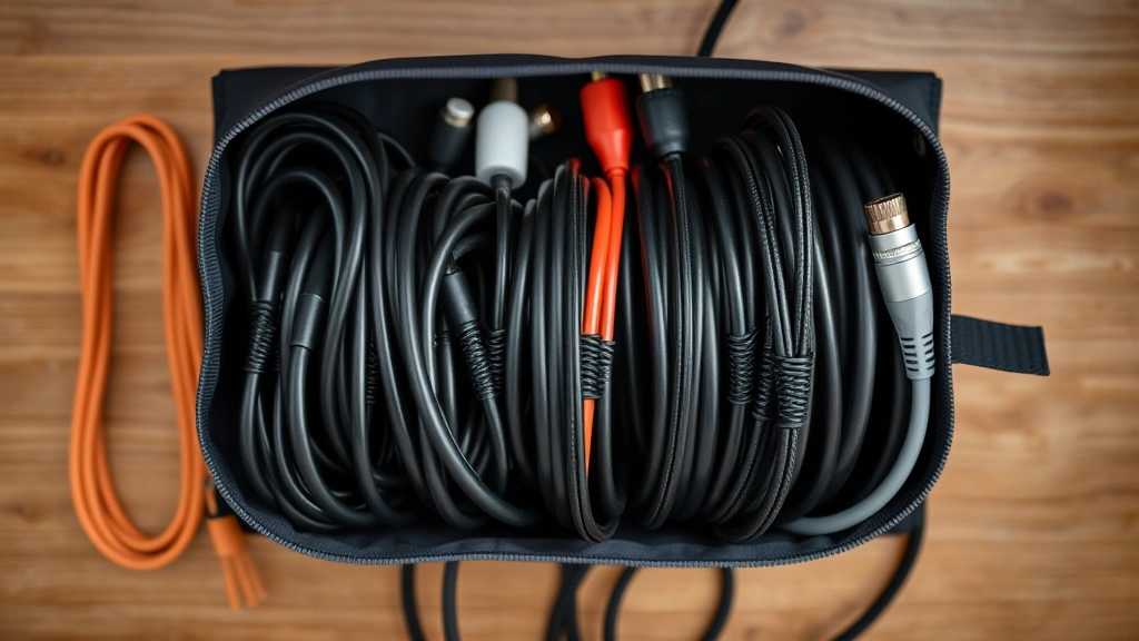 Organized cable storage setup with neatly coiled cables of different types and lengths in a cable organizer or pouch
