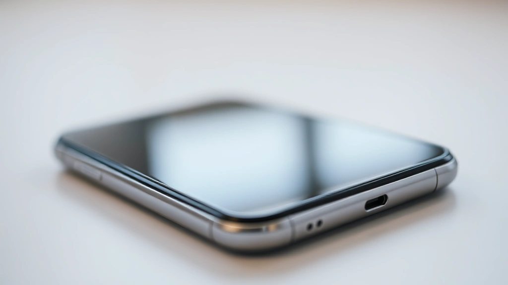 Close-up of premium smartphone lying flat on white surface, showing sleek aluminum frame and glass back, shallow depth of field, studio lighting