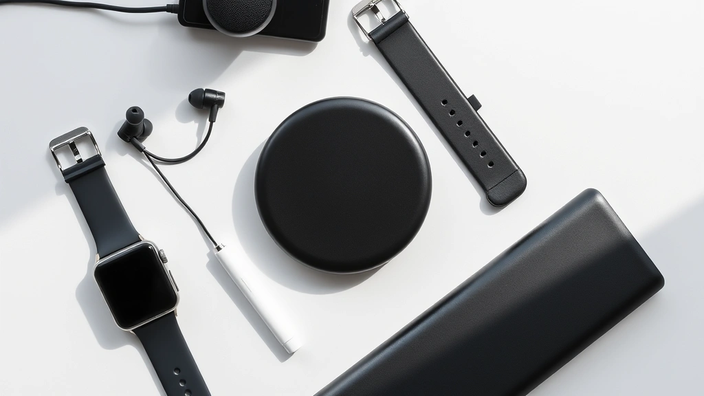 Overhead flat lay of multiple tech gadgets including earbuds, smartwatch, and portable charger arranged neatly, minimalist composition with soft shadows