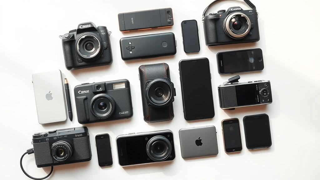 Flat lay of multiple tech gadgets arranged artfully showing size comparison and design diversity, natural lighting highlighting textures and finishes