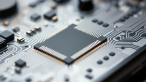 Close-up of modern smartphone processor chip with circuit patterns, metallic surface, high-tech aesthetic, shallow depth of field, professional lighting
