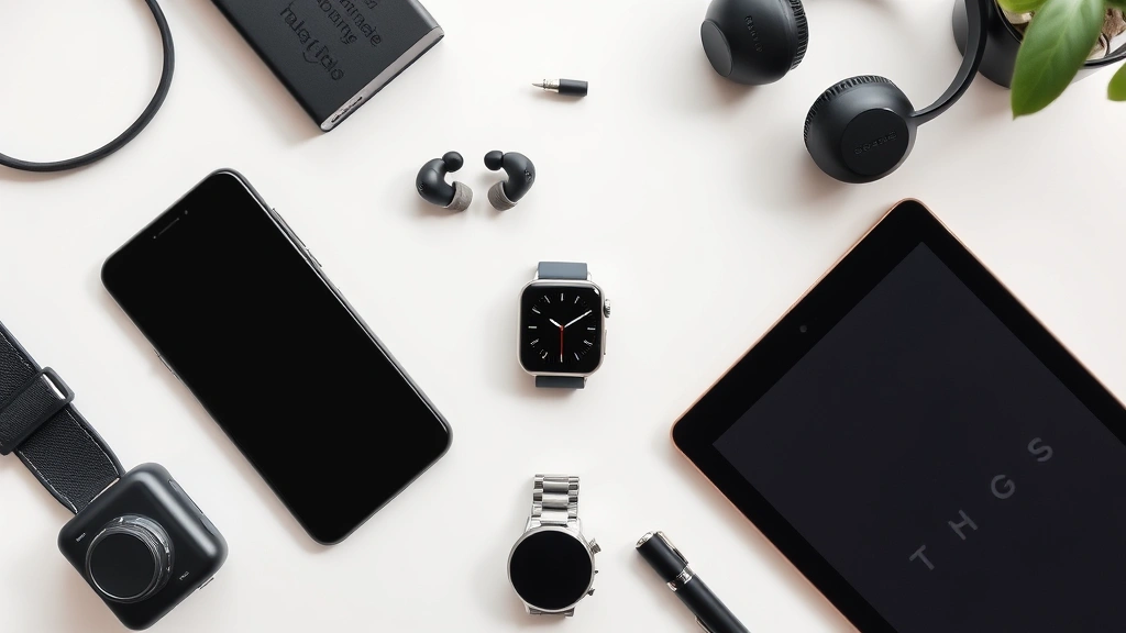 Overhead flat lay of various tech gadgets including smartphone, wireless earbuds, smartwatch, and tablet arranged on a clean white surface with soft natural lighting