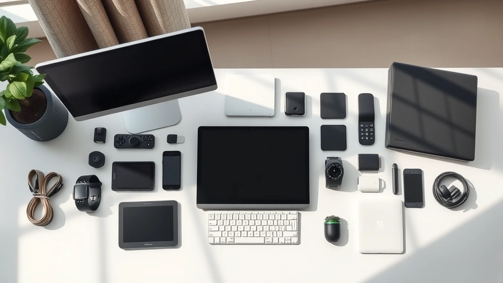 Flat lay arrangement of multiple tech devices and accessories on modern desk with natural lighting, showing ecosystem compatibility and scale