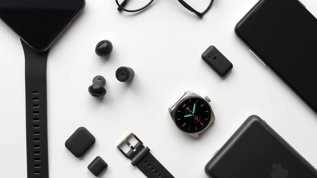 Flat lay of premium tech gadgets including wireless earbuds, smartwatch, and mobile device showing durability and design quality, minimal background