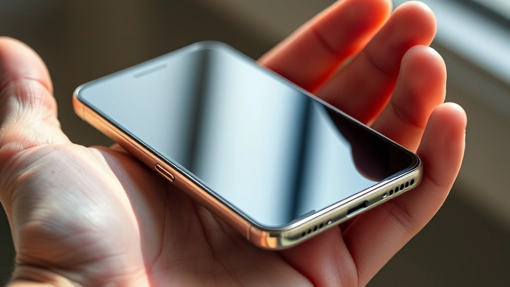 Close-up detailed shot of premium aluminum and glass smartphone being held in hand, showing build quality and materials in daylight