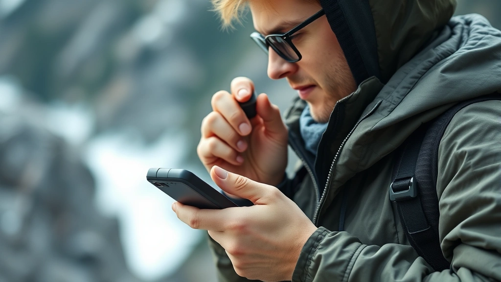 Tech device in active use during real-world scenario - travel, work, or outdoor environment - demonstrating practical functionality and portability