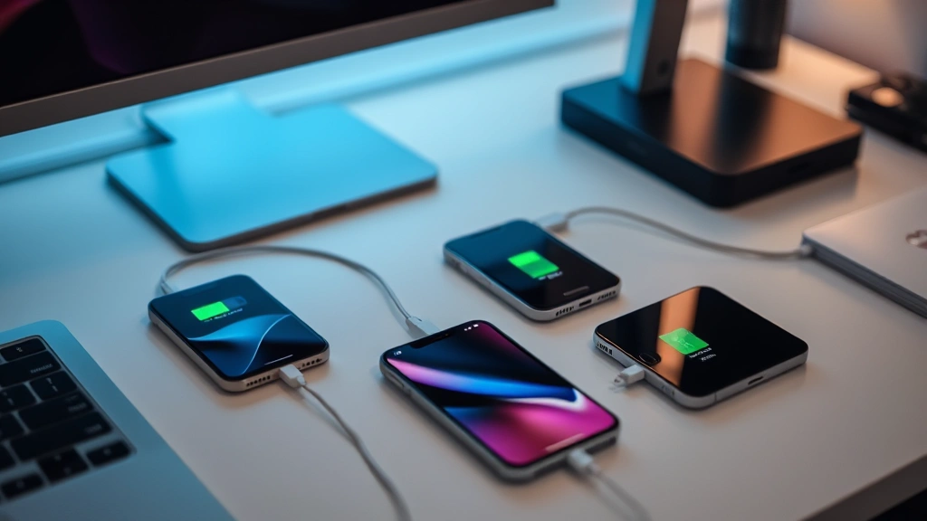 Tech workspace showing multiple devices charging simultaneously with visible battery indicators and notification lights, clean organized setup