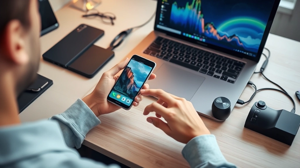 Person testing multiple gadgets simultaneously at a desk with laptop, smartphone, and accessories, showing real-world workflow and multitasking scenario