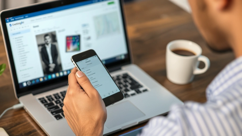 Person holding a smartphone while reviewing product specifications on a laptop screen, coffee cup nearby, focused concentration expression
