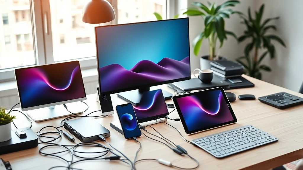 Organized tech setup showing multiple devices charging and working together, cables neatly arranged, modern home office environment with natural daylight