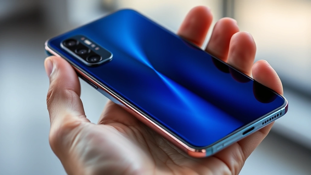 Sleek premium smartphone with metallic frame and glass back, held in hand showing elegant design and color finish, professional product photography