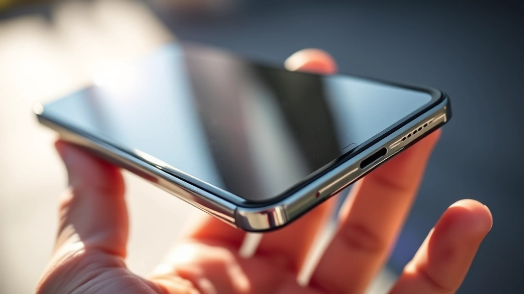Close-up of sleek smartphone in hand showing edge-to-edge display and modern design, morning sunlight catching metallic frame, professional product photography