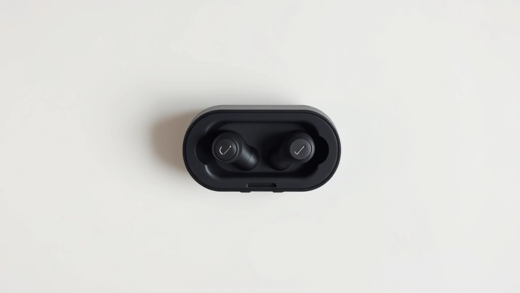 Flat lay overhead shot of wireless earbuds in open case with charging cable, minimal aesthetic, soft natural lighting on neutral background