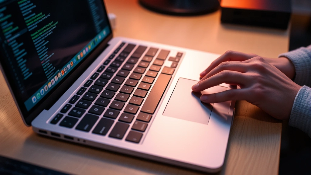 Laptop keyboard and trackpad in use with hands typing, showing responsive keys and smooth surface, warm desk lighting, tech workspace environment