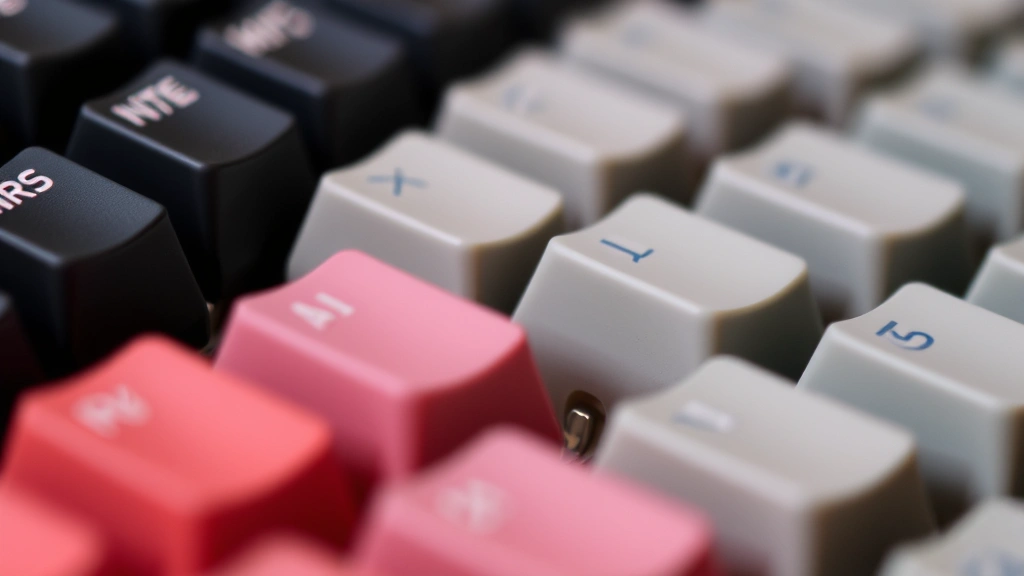 Close-up of mechanical keyboard switches in different colors showing internal mechanisms and springs, macro photography style with shallow depth of field