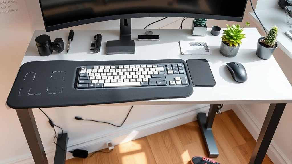 Ergonomic split keyboard setup with wrist rest and external mouse on minimalist workspace with proper desk height, natural lighting