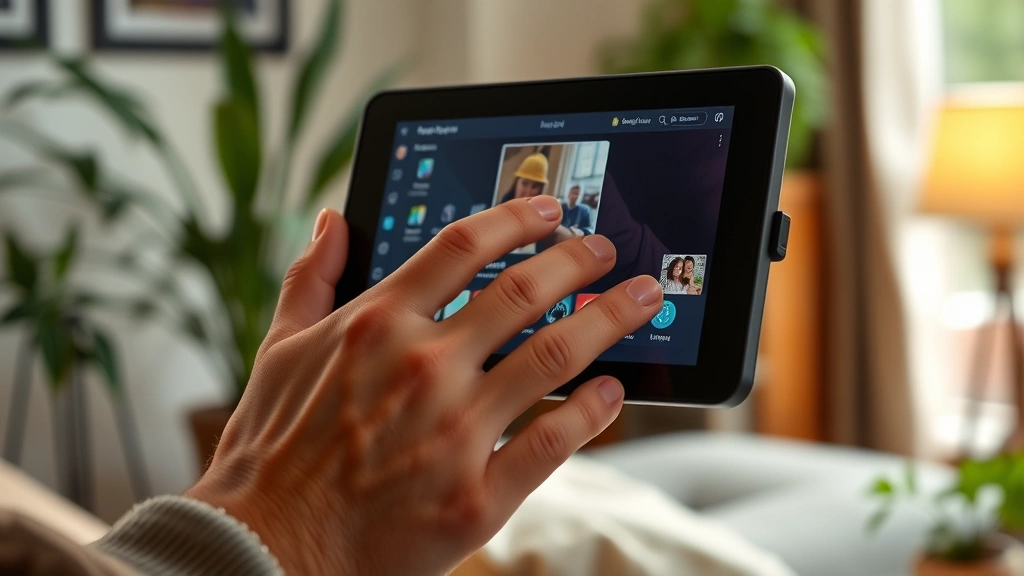 Device in natural use environment showing ergonomic hand position and screen visibility, warm indoor lighting with realistic everyday setting