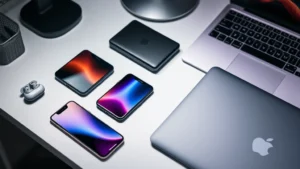 Modern tech gadgets displayed on a minimalist desk, showing smartphones, wireless earbuds, smartwatch, and laptop arranged neatly with clean lighting