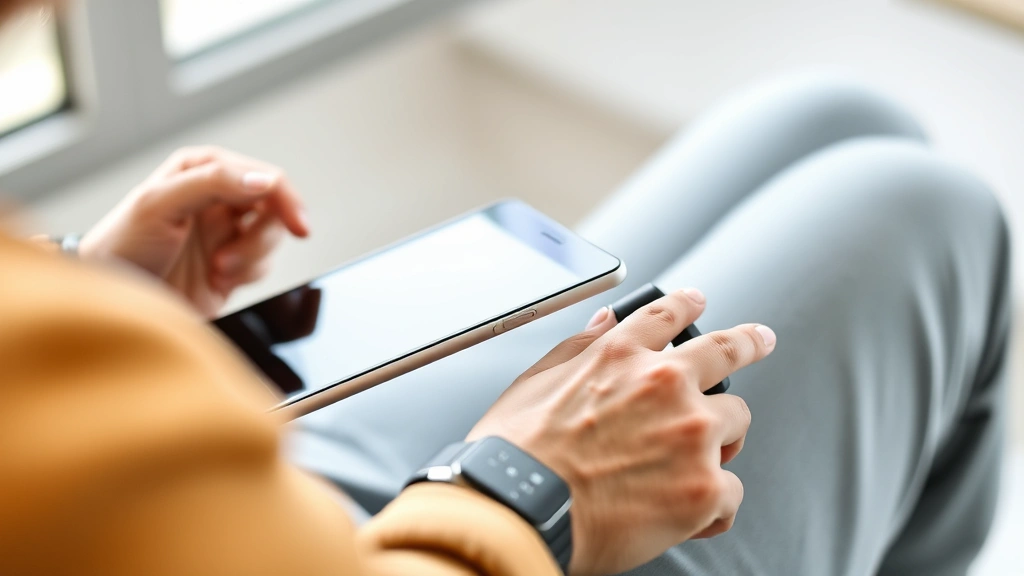 Person using multiple tech devices simultaneously, showing integration of phone, tablet, and smartwatch with natural lighting