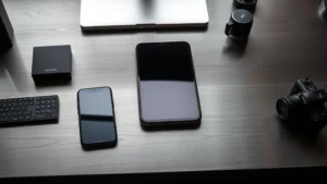 High-end smartphone and tablet arranged on brushed aluminum desk surface with minimal accessories, professional lighting emphasizing industrial design elements and premium materials