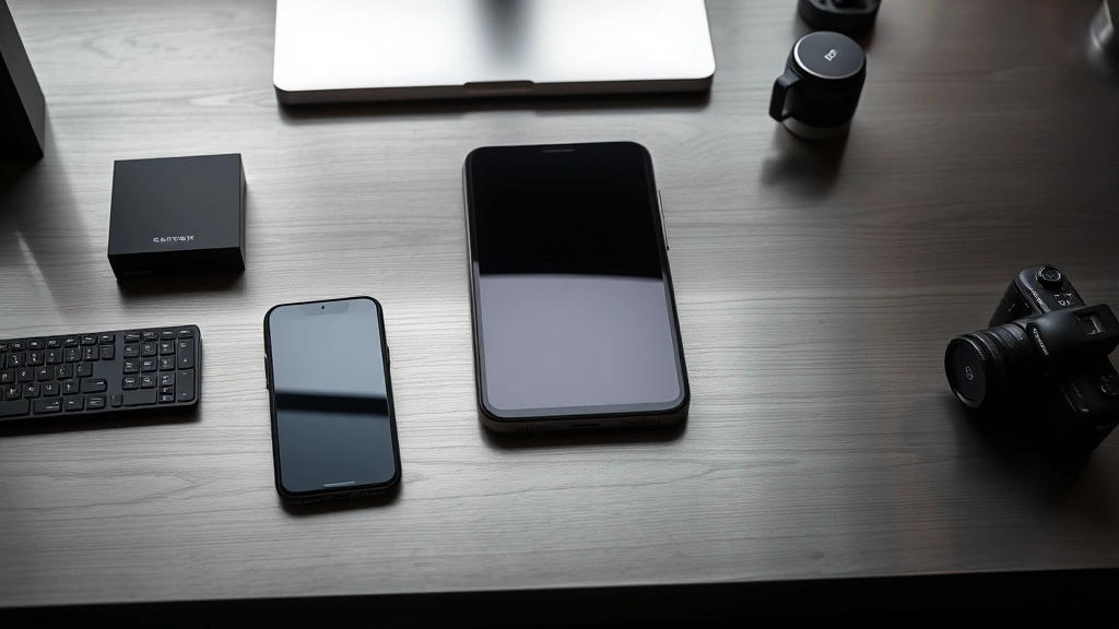 High-end smartphone and tablet arranged on brushed aluminum desk surface with minimal accessories, professional lighting emphasizing industrial design elements and premium materials