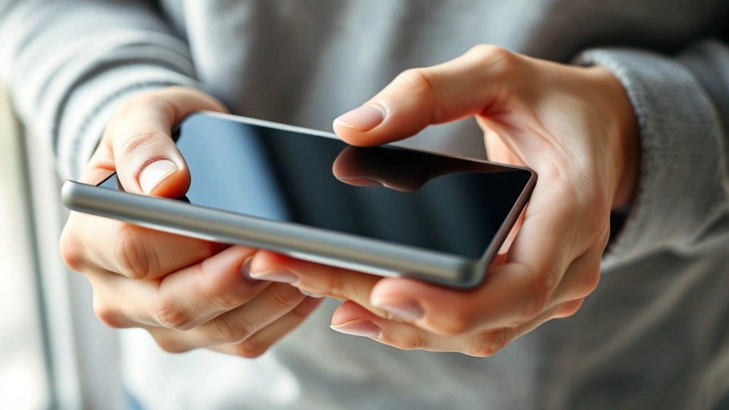 Person's hands holding and examining a sleek electronic device, testing tactile feedback and button responsiveness, natural lighting showing material texture and build quality details