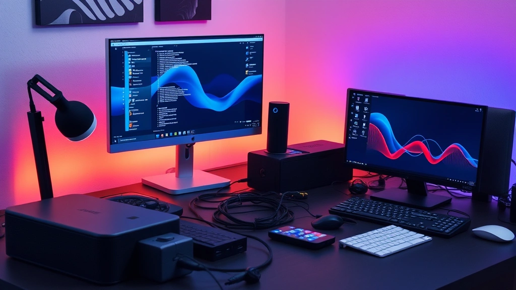 Workstation setup showing multiple tech gadgets seamlessly connected and interacting together, cables organized, ecosystem integration visible with devices from same manufacturer
